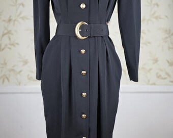 1980s Vintage 1940s Style Button Up Black Dress