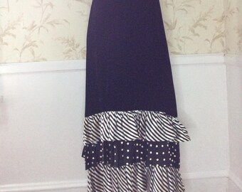 1970s Vintage Luxurious Velvet & Taffeta MONOCHROME MAXI RAHRAH Contrast Ruffle Dress