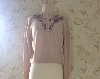 1950s Vintage BOMBSHELL PINUP Cardigan Sweater Beads & Sequins Orlon