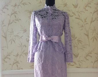 1970s Vintage Lee Jordan LILAC LACE EASTER Dress Suit Peplum Jacket Wiggle Skirt