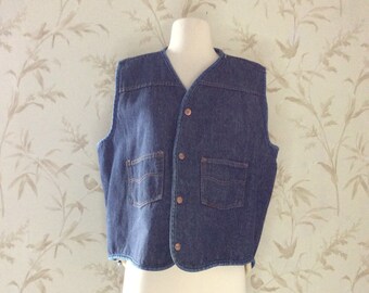 1960s 1970s Vintage Sears ROEBUCKS SHERPA Lined TRUCKER Vest Jacket Indigo Denim