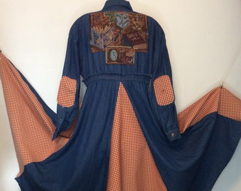 VINTAGE Upcycled OOAK Patchwork Smock Denim Dress Coat Duster Tapestry