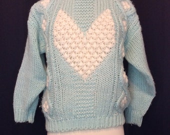 1970's VINTAGE Hand Knit POPCORN Texture Puffy Heart Sweater S/M