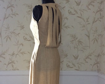 1950s Vintage Gold Lame STATEMENT WIGGLE Dress Open Drape Panel Back
