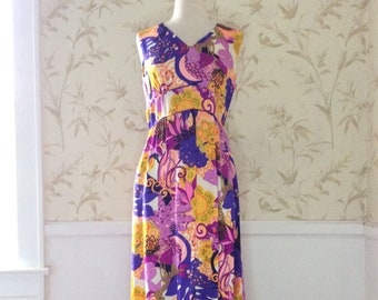 1970's Vintage Bold Neon PSYCHEDELIC Hawaiian TROPICAL Print Hostess Gown Maxi Dress