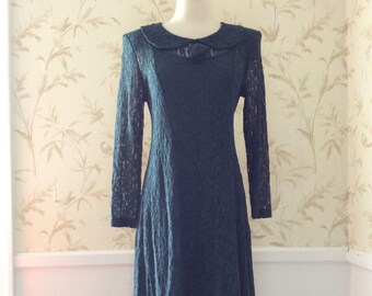 1980s VINTAGE Sheer Emerald Lace Cinch Back Corset Midi Dress