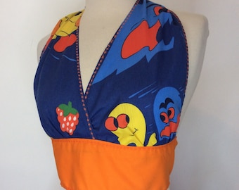 1970s Vintage Style OOAK Handmade 1980s PAC MAN Arcade Game Halter Crop Top