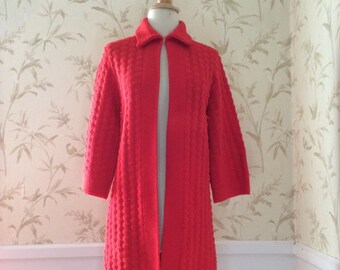 1960s 1970s VINTAGE Mod Red Sweater Coat Textured Knit Sidney Gould