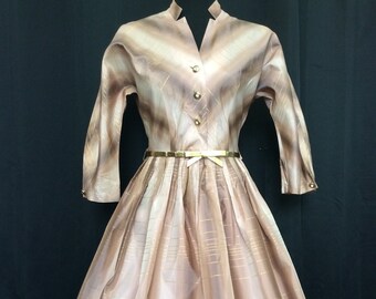 1940s 1950s VINTAGE Fit & Flare Rockabilly Taffeta Lucy Dress Mauve and Gold Lurex S