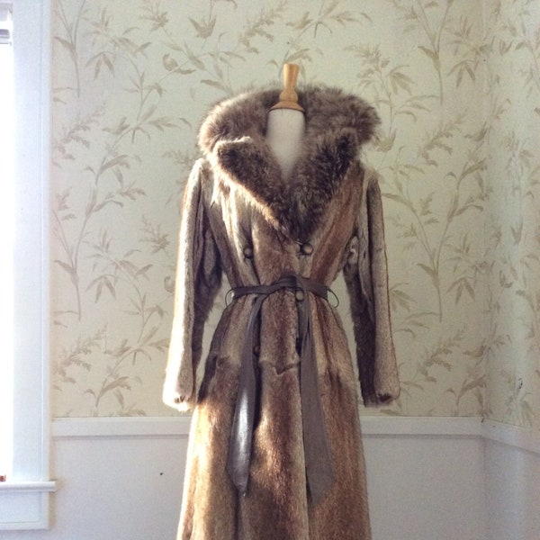 1970s Vintage Snow Bunny REAL FUR Trench Coat Huge Raccoon Collar