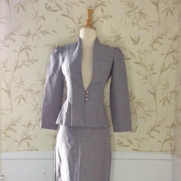 1970s Vintage Pin Stripe Puff Sleeve Dress Office Suit Pleat Fitted Pencil skirt XS