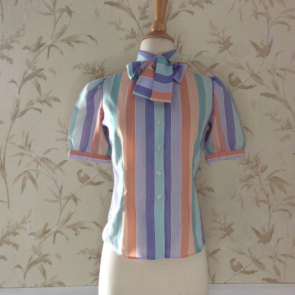 1970s Vintage Puff Sleeve Pastel Stripe SECRETARY Blouse Shirt Prissy Bow Neck