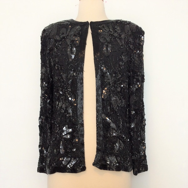 1980's VINTAGE All Over SEQUINS Trophy  Party Jacket Top SILK India S