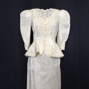 1980's Vintage Flocked Satin CACHET Statement Sleeves Holiday Victorian Dress Suit Peplum Jacket S