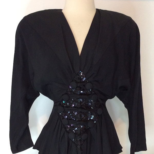 1980s does 1940s VINTAGE Glam Rock Punk Nip Waist Sequin STATEMENT Dress Peplum Jacket S