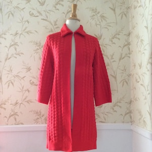 1960s 1970s VINTAGE Mod Red Sweater Coat Textured Knit Sidney Gould