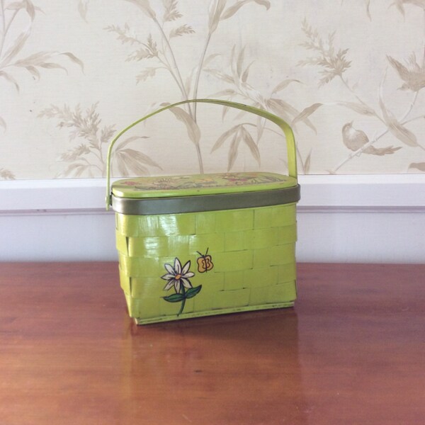 1960s Vintage Painted Wicker Picnic Basket Purse Bee's, Butterflies & Flowers