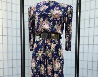 1980s does 1940s Vintage COTTAGECORE Rayon Heirloom Floral MIDI Dress