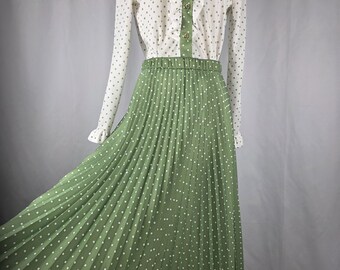 1970s Vintage Polka Dot Contrast 2 Piece Maxi Dress Skirt Blouse