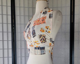 1970&#39;s Vintage Style OOAK HANDMADE BOHEMIAN Hippy Hobo Patchwork Cotton Halter Crop Top