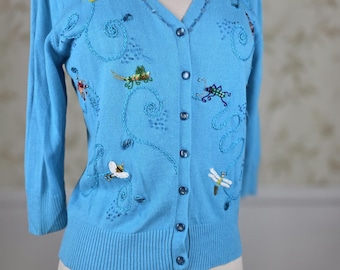 Vintage Berek by Takako Saxon Summer Cardigan Sweater Beaded Insects