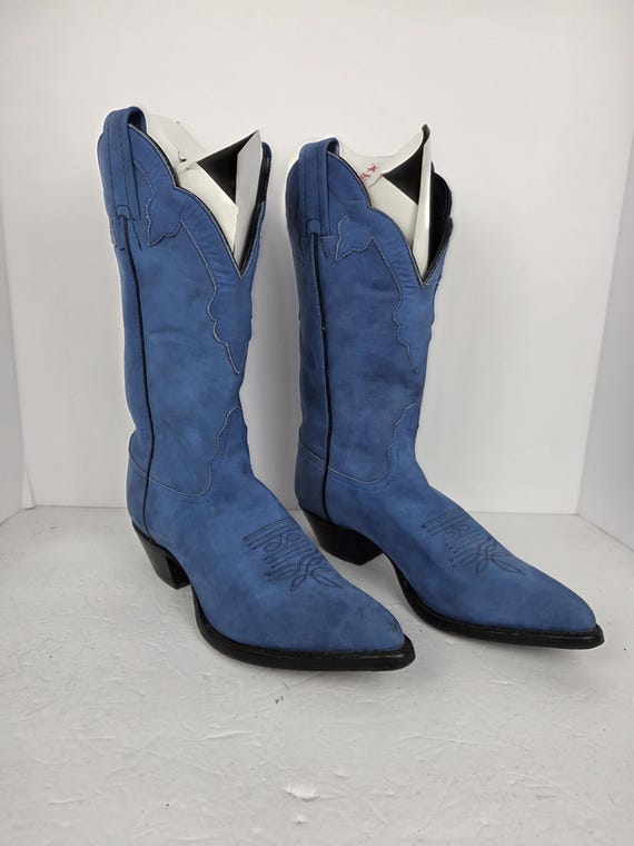 Tony Lama, 1970s 1980s Vintage Tony Lama Blue Nubuck Leather Cowboy Cowgirl Boots 6.5