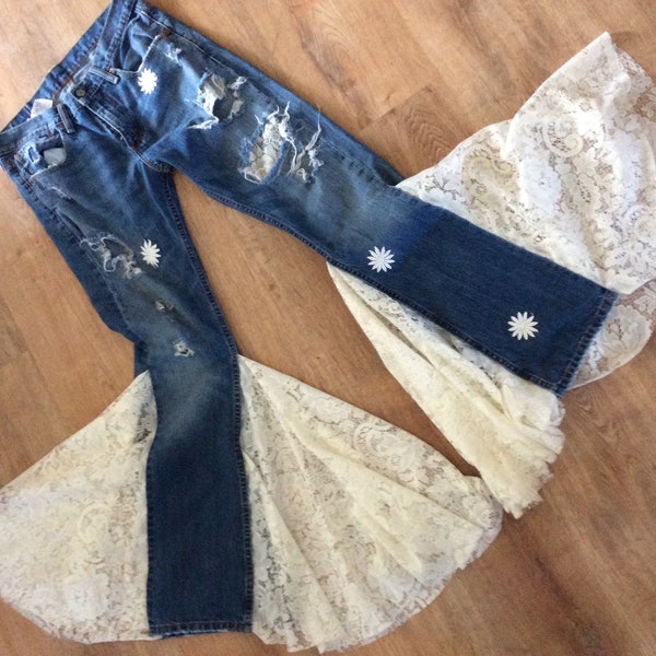 VINTAGE OOAK Upcycled Reconstructed BOHEMIAN Hippy Super Wide Levi Bellbottoms