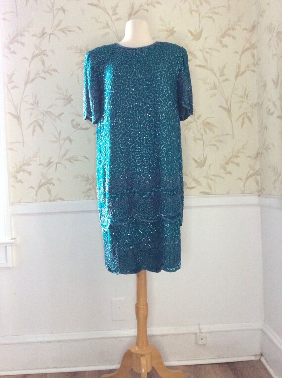 1980s Vintage Lawrence Kazar SEQUIN & BEADED SILK… - image 1