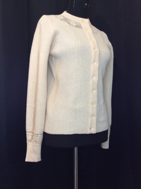 VINTAGE Lambs Wool Open Crochet Neck Cardigan Swe… - image 2