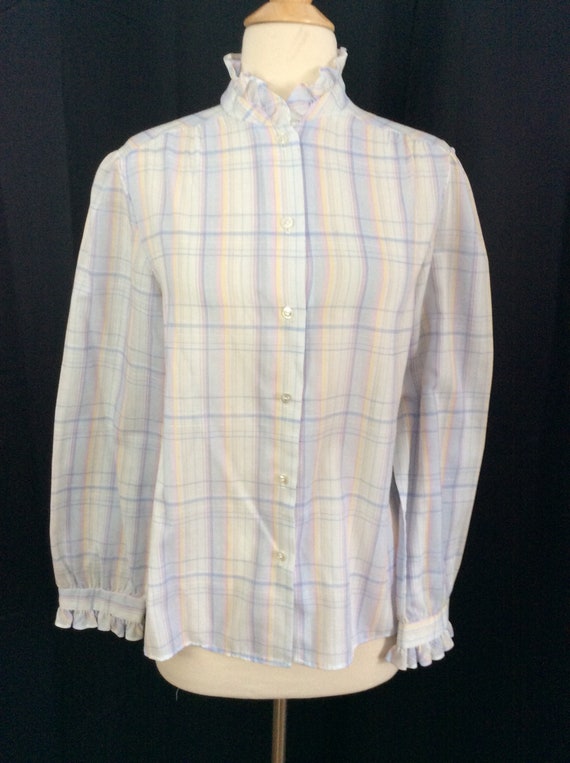 1970s Vintage Pastel Plaid Victorian Style High Ru