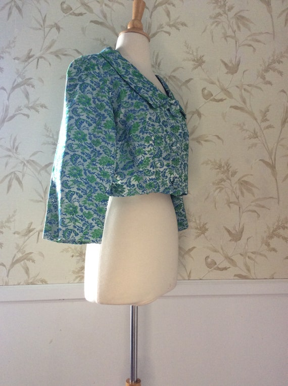 1950s Vintage Brocade Blue & Green Cropped Bolero… - image 2