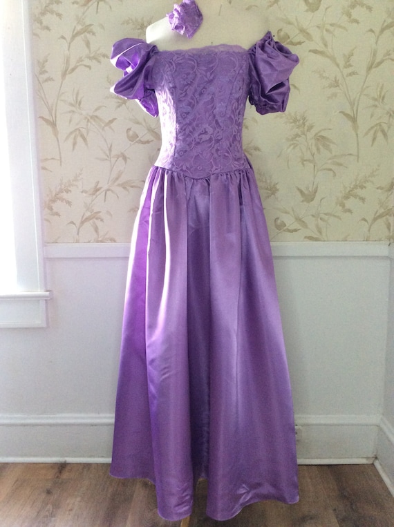 1980s Vintage Purple LACE & SATIN Prom Party Ball 