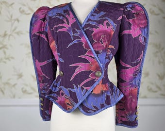1980s Vintage Designer Jeanne Marc Statement Quilted Puff Sleeve Peplum Jacket