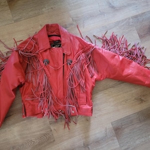 1980s Vintage Red Leather FRINGED MOTORCYCLE BIKER Statement Jacket