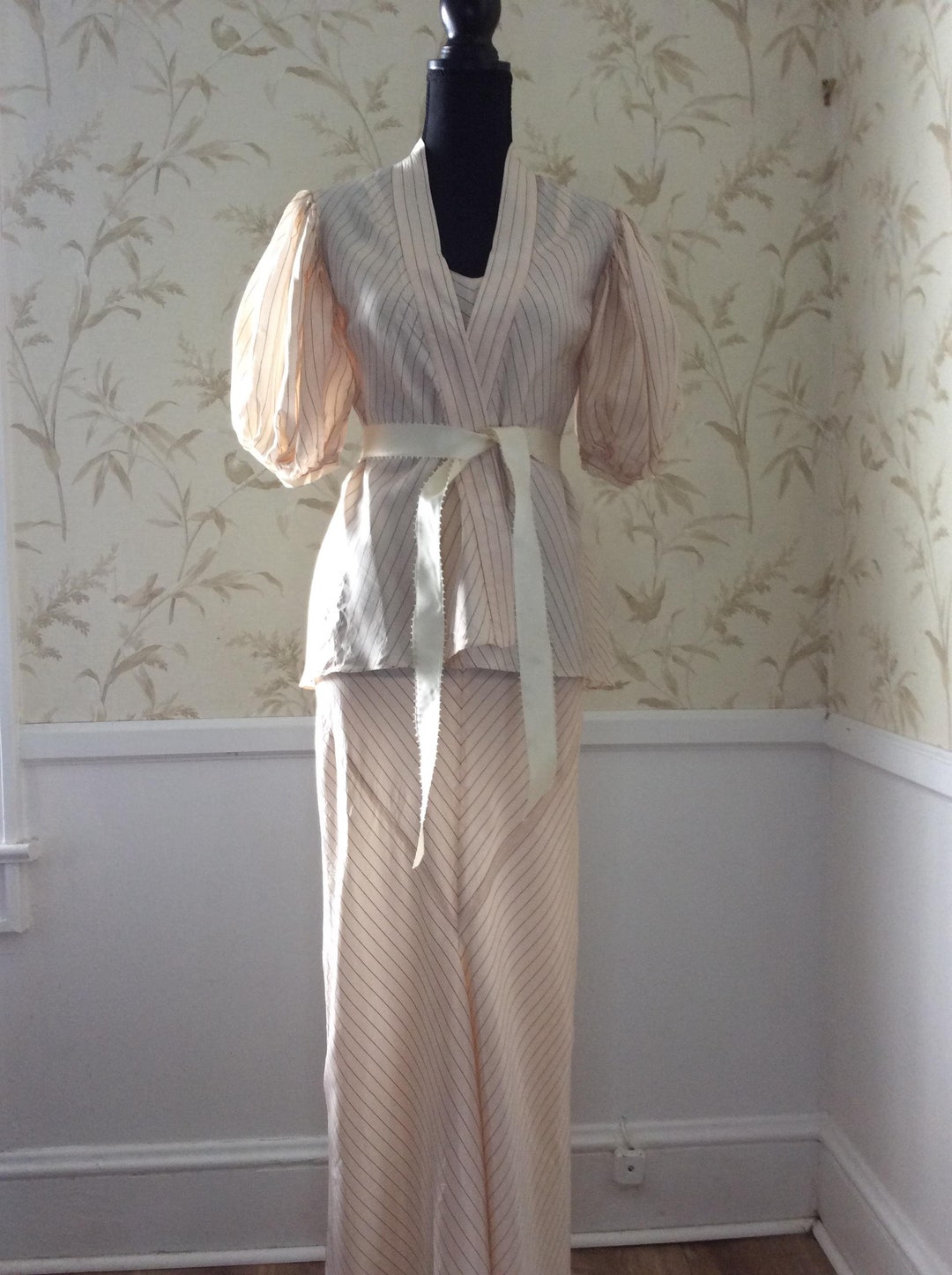 1930s Peach Stripe Taffeta Negligee & Robe Set, Hollywood Glam Boudoir ...