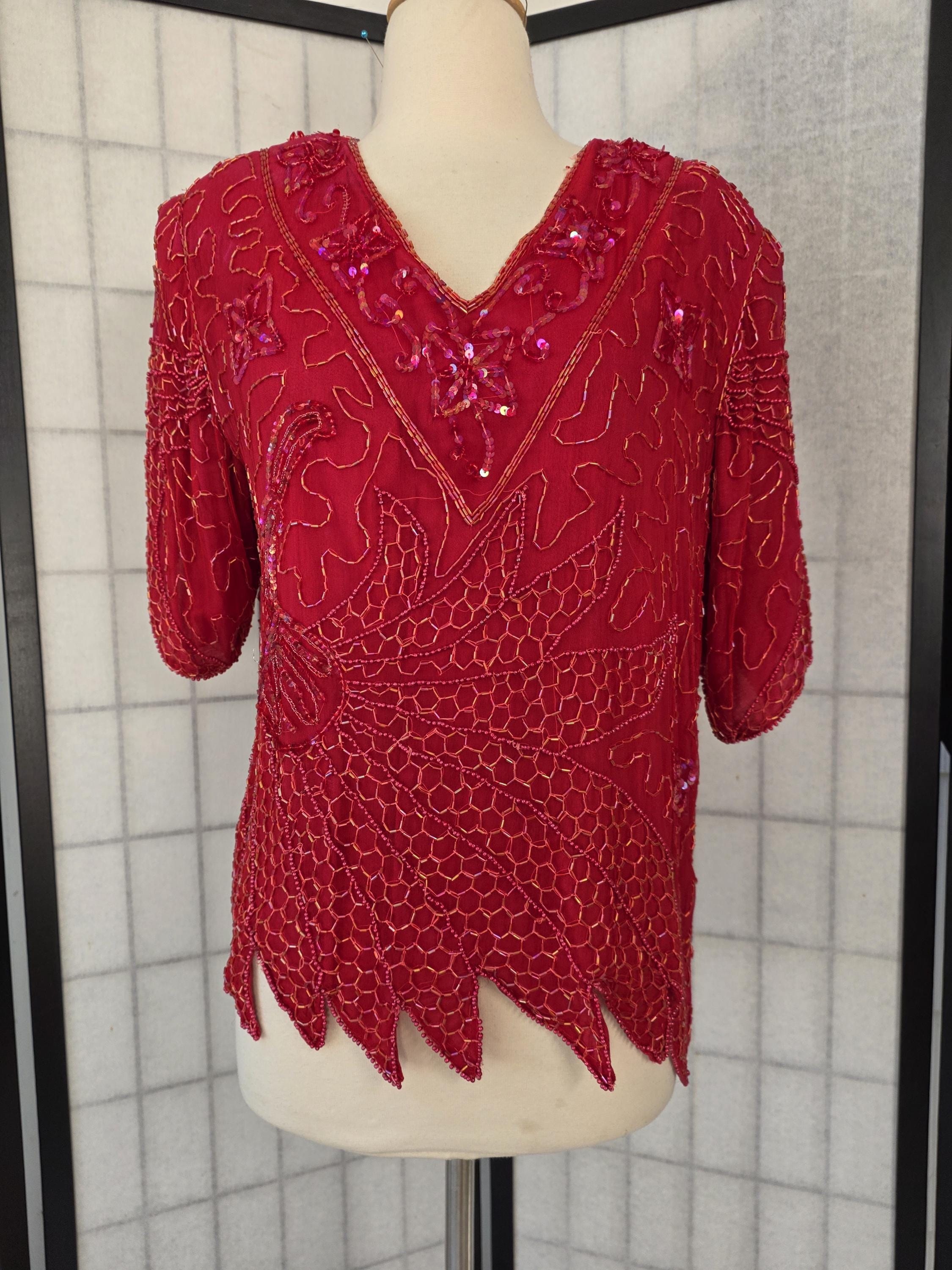 1980s Vintage Beaded & Sequins India Silk Dress Blouse Top L - Etsy