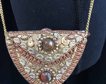 VINTAGE Brass & Copper Metal Renaissance Hammered Natural Stone Embellished STATEMENT Purse