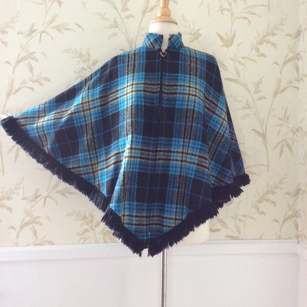 1960s 1970s Mod VINTAGE Tartan Plaid Wool Fringed Cape Poncho Coat