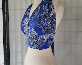 1970s Vintage Style Bikini Halter Crop Top OOAK HANDMADE Royal Blue Paisley Print