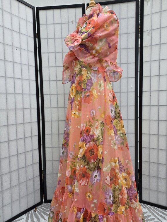 70s Ethereal Sheer Chiffon Floral Maxi Dress