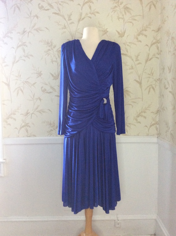 1980s Vintage Shirred ELECTRIC BLUE Body Con Disc… - image 3