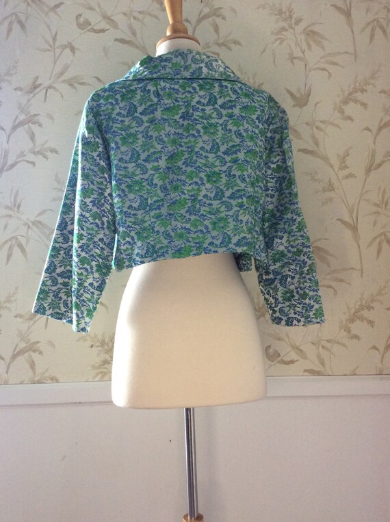 1950s Vintage Brocade Blue & Green Cropped Bolero… - image 3