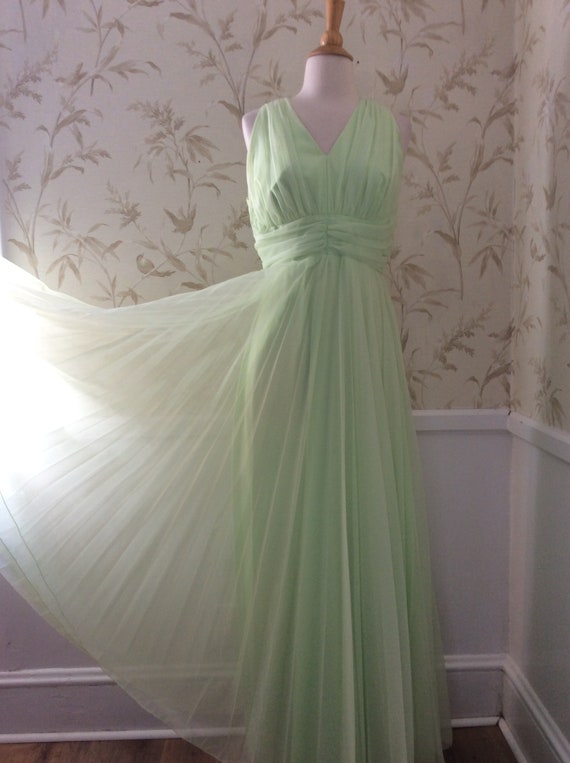 1970s Vintage Lime Green ETHEREAL CHIFFON Full Sweep ACCORDION Pleat Grecian Goddess Maxi Dress