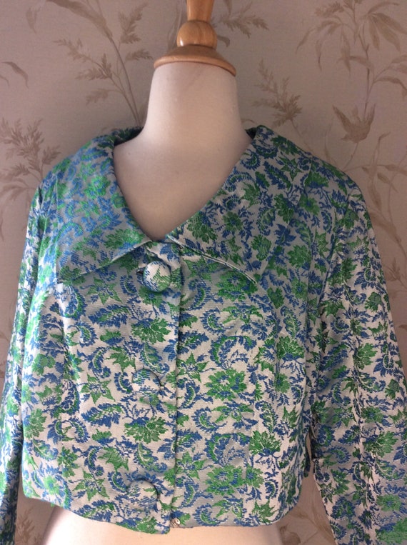 1950s Vintage Brocade Blue & Green Cropped Bolero… - image 6