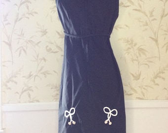 1950s 1960s Vintage Little Black Dress Cotton Shift Dress Bow Accent