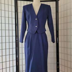1980s Vintage 1940s Style Navy Blue Pencil Skirt Dress Office Suit