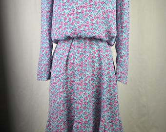 1970s 1980s Vintage Floral Blouson Puff Sleeve Flounce Skirt Midi SECRETARY Dress Blue & Pink