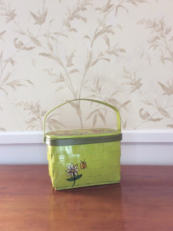 1960s Vintage Painted Wicker Picnic Basket Purse B