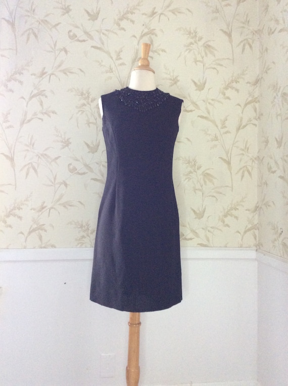 1960s Vintage Little Black Wiggle Dress Beaded Bi… - image 1