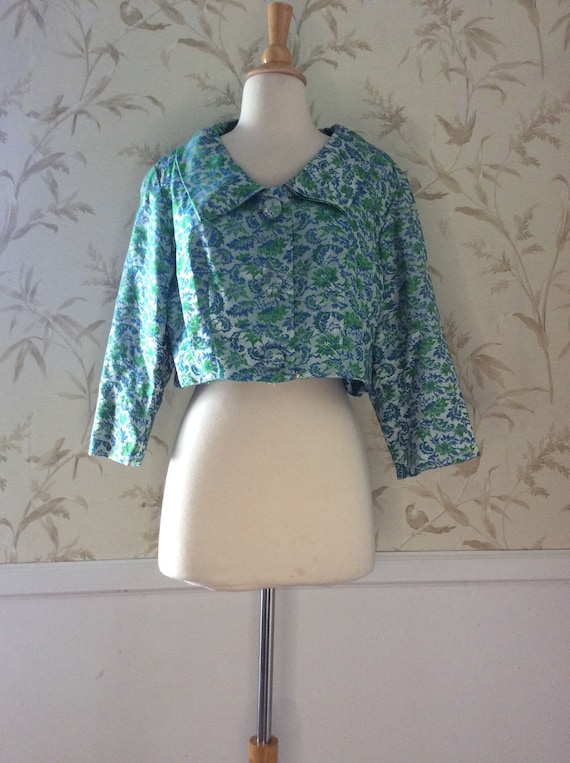 1950s Vintage Brocade Blue & Green Cropped Bolero… - image 1